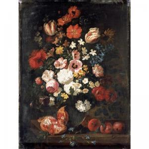 Philip Van Kouwenbergh - A Still Life Of Flowers In A Vase With A Pomegranate And Plums