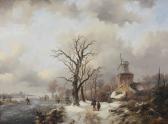 KRUSEMAN Frederik Marianus A Winter Landscape With Figures On A Snowy Path By A Windmill And Skaters On A Frozen Waterway Near A 'koek En Zopie' KRUSEMAN Frederik Marianus A Winter Landscape With Figures On A Snowy Path By A Windmill And Skaters On A Frozen Waterway Near A 'koek En Zopie'