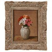KULICKE Robert Moore Double Petunias And Impatiens In A Ceramic Vase With Fallen Petals KULICKE Robert Moore Double Petunias And Impatiens In A Ceramic Vase With Fallen Petals