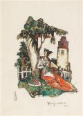 LÖFFLER BERTHOLD A Small Figure Seated Under A Tree And Eating Grapes LÖFFLER BERTHOLD A Small Figure Seated Under A Tree And Eating Grapes