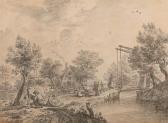 LA FARGUE Karel Landschaft Mit Gehöft Und Kuhhirten An Einem Bach Mit Zugbrücke. LA FARGUE Karel Landschaft Mit Gehöft Und Kuhhirten An Einem Bach Mit Zugbrücke.