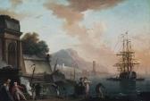 LACROIX DE MARSEILLE Charles-Francois A Mediterranean Harbour Scene At Sunset, With Figures Smoking And Conversing In The Foreground And An Anchored Ship Beyond LACROIX DE MARSEILLE Charles-Francois A Mediterranean Harbour Scene At Sunset, With Figures Smoking And Conversing In The Foreground And An Anchored Ship Beyond