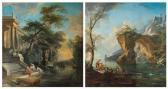 LALLEMAND Jean-Baptiste A Rocky Coastal Landscape With An Elegant Company And Fishermen; And Women Bathing In A River Before Classical Buildings, The First LALLEMAND Jean-Baptiste A Rocky Coastal Landscape With An Elegant Company And Fishermen; And Women Bathing In A River Before Classical Buildings, The First