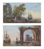 LALLEMAND Jean-Baptiste Views Of Classical Harbours, One With A Palladian Palace, The Other With A Tower Seen Through A Coffered Arch LALLEMAND Jean-Baptiste Views Of Classical Harbours, One With A Palladian Palace, The Other With A Tower Seen Through A Coffered Arch