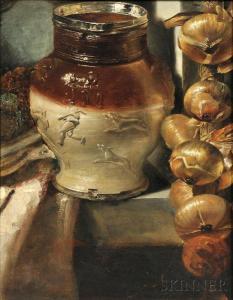 George Lance - Still Life With An 18th-century English Stoneware Hunt Jug And Braided Onions On A Stone Table