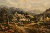 LANGLEY William Thatched Cottage With Children Feeding Chickens LANGLEY William Thatched Cottage With Children Feeding Chickens