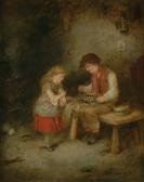 LANGLOIS Mark William A Mother Seated Witha Nest Of Three Chicks On Her Lap, Watched By A Young Girl Holdinga Doll LANGLOIS Mark William A Mother Seated Witha Nest Of Three Chicks On Her Lap, Watched By A Young Girl Holdinga Doll
