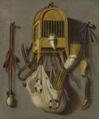 LEEMANS Johannes A Trompe L'oeil Still Life With A Bird In A Cage, A Hunting Horn, A Bird Whistle And Other Hunting Instruments Hanging On A Wall LEEMANS Johannes A Trompe L'oeil Still Life With A Bird In A Cage, A Hunting Horn, A Bird Whistle And Other Hunting Instruments Hanging On A Wall