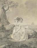 LEMOINE Jacques Antoine M. An Elegant Woman Wearing A Plumed Hat And Holding A Riding Crop, Seated On A Rock At The Shoreline, With Ships On The Horizon LEMOINE Jacques Antoine M. An Elegant Woman Wearing A Plumed Hat And Holding A Riding Crop, Seated On A Rock At The Shoreline, With Ships On The Horizon