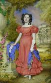 LETHBRIDGE Walter Stephens Portrait Of A Young Lady, Full Length, In A Red Dress, Standing By An Ornamental Urn In A Park LETHBRIDGE Walter Stephens Portrait Of A Young Lady, Full Length, In A Red Dress, Standing By An Ornamental Urn In A Park