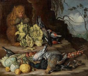 Gottfried Libalt - Still Life With A Money, Birds And Fruits.