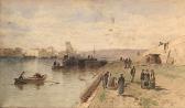 Liceri Luigi Fishermen Unloading Their Catch With Figures Gathered By The Shore Liceri Luigi Fishermen Unloading Their Catch With Figures Gathered By The Shore