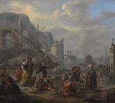 LINGELBACH Johannes A Mediterranean Port With An Elegant Couple And Travelers Resting By The Quay LINGELBACH Johannes A Mediterranean Port With An Elegant Couple And Travelers Resting By The Quay