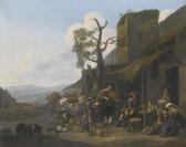 LINGELBACH Johannes A Southern Landscape With A Violinist Entertaining Revellers Outside A Tavern LINGELBACH Johannes A Southern Landscape With A Violinist Entertaining Revellers Outside A Tavern
