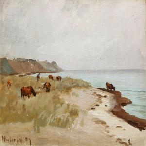 Carl Locher - Beach Scene With Cows, Hulerød, Denmark