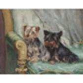 LOCK Evelyn Two Yorkshire Terriers Seated On A Green Chair LOCK Evelyn Two Yorkshire Terriers Seated On A Green Chair