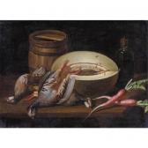LOPEZ ENGUIDANOS José Still Life With A Melon, Radishes, Partridges , A Small Barrel And A Bottle Of Wine On A Wooden Table LOPEZ ENGUIDANOS José Still Life With A Melon, Radishes, Partridges , A Small Barrel And A Bottle Of Wine On A Wooden Table