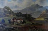 LOVERING Ida View Of Horse Backed Farmers Driving Cattle To Waters Edge With Dog And Thatched Cottage And Mountains In Background LOVERING Ida View Of Horse Backed Farmers Driving Cattle To Waters Edge With Dog And Thatched Cottage And Mountains In Background