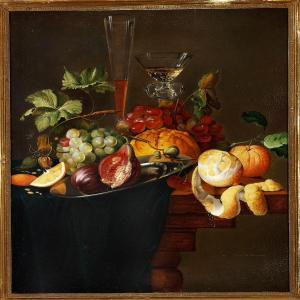 Christine Marie Lovmand - Still Life With Fruit, A Loaf Of Bread And Wineglasses On A Table