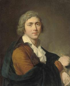François-Guillaume Ménageot - Self-portrait Of The Artist, Half-length, In A Brown Coat And Abrush In His Right Hand