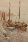MACAULAY Kate Scottish East Coast Harbour Scene With Moored Fishing Boats And Figures MACAULAY Kate Scottish East Coast Harbour Scene With Moored Fishing Boats And Figures