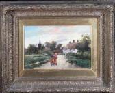 MACKLIN Thomas Eyre Two Girls On A Country Lane At Sunset With Thatched Houses And Achurch Spire In The Background MACKLIN Thomas Eyre Two Girls On A Country Lane At Sunset With Thatched Houses And Achurch Spire In The Background