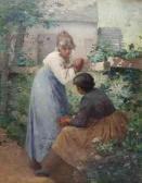 MACMONNIES LOW Mary L. Fairchild Two Women Chatting In A Garden With A Mill MACMONNIES LOW Mary L. Fairchild Two Women Chatting In A Garden With A Mill