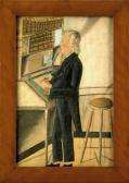 MAENTEL Jacob Watercolor Interior Scene Depicting A Gentleman Standing At A Desk Beside A Windsor Stool MAENTEL Jacob Watercolor Interior Scene Depicting A Gentleman Standing At A Desk Beside A Windsor Stool