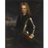 MAINGAUD Martin A Portrait Of Rouvigny, Earl Of Gallway, Standing Three-quarter Length, Wearing Armour, A Cavalry Battle Scene Beyond MAINGAUD Martin A Portrait Of Rouvigny, Earl Of Gallway, Standing Three-quarter Length, Wearing Armour, A Cavalry Battle Scene Beyond