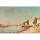 MALFROY Henri Boats On Mediterranean Shore- Les Martigues?; Fish Market At The Pier MALFROY Henri Boats On Mediterranean Shore- Les Martigues?; Fish Market At The Pier