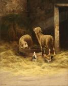 MANHART G A Barn Interior With Sheep And Chickens MANHART G A Barn Interior With Sheep And Chickens