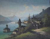 MANKOWSKI Mountainous Lake Scene With Small Town MANKOWSKI Mountainous Lake Scene With Small Town