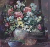 MANN PATRICIA Blue Bowl And Vase With Flowers MANN PATRICIA Blue Bowl And Vase With Flowers