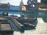 MARESTE Georges Barges With Boatmen On A Canal MARESTE Georges Barges With Boatmen On A Canal