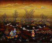 MARINKOVIC IVKA MATINA Naive Landscape With Figures Harvesting Pumpkins Before Thatched Huts MARINKOVIC IVKA MATINA Naive Landscape With Figures Harvesting Pumpkins Before Thatched Huts