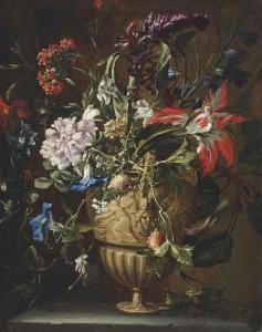 Mario Nuzzi Mario Dei Fiori - A Parrot Tulip, Morning Glories, A Spiraea And Other Flowers In A Sculpted Urn, On A Stone Ledge