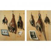 MARQUARD DE TREY Joseph Nathan A Pair Of Still Lifes; A Hen Pheasant, Finches And A Jay Hanging From A Wooden Backdrop With A Bavarian Game Card, A Penknife And A Letter; A Cock Pheasant, Songbirds And A Jay Hanging From A Wooden Backdrop With A Print Of A Sportsman With Game MARQUARD DE TREY Joseph Nathan A Pair Of Still Lifes; A Hen Pheasant, Finches And A Jay Hanging From A Wooden Backdrop With A Bavarian Game Card, A Penknife And A Letter; A Cock Pheasant, Songbirds And A Jay Hanging From A Wooden Backdrop With A Print Of A Sportsman With Game