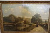 MARSH J. Figure On A Path Beside A Waterway, Church And Houses Beyond MARSH J. Figure On A Path Beside A Waterway, Church And Houses Beyond