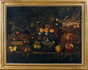  Master Of The Hartford - Nature Morte Aux Fruits Et Légumes D'automne Disposés Dans Une Corbeille, Un Guéridon Et Un Panier, Ou Posés Sur Un Entablement 
