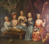 MAUBERT James A Portrait Group Of The Smith Children On A Terrace With A Spaniel, Basket Of Flowers And A Parakeet. MAUBERT James A Portrait Group Of The Smith Children On A Terrace With A Spaniel, Basket Of Flowers And A Parakeet.