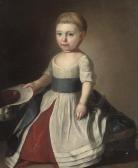 MAUCOURT Charles Portrait Of A Young Girl, Full-length, In A White And Red Dress With A Blue Sash, A Hat In Her Right Hand MAUCOURT Charles Portrait Of A Young Girl, Full-length, In A White And Red Dress With A Blue Sash, A Hat In Her Right Hand