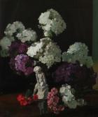 MEEKLEY Frederick George Hydrangeas And Nosegays With Putto On A Tabletop MEEKLEY Frederick George Hydrangeas And Nosegays With Putto On A Tabletop
