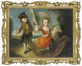 MERCIER Philippe Double Portrait Of A Boy And Girl, Full-length, The Boy In A Brown Suit And Breeches, Holding A Whip, And The Girl In A Red Dress With A Sash Of Flowers, Seated On A Rocking Horse Waving A Flag, A Landscape Beyond MERCIER Philippe Double Portrait Of A Boy And Girl, Full-length, The Boy In A Brown Suit And Breeches, Holding A Whip, And The Girl In A Red Dress With A Sash Of Flowers, Seated On A Rocking Horse Waving A Flag, A Landscape Beyond