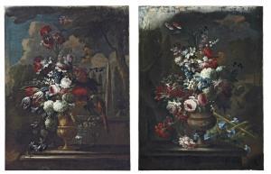 Guillermo Mesquida - Roses, Tulips, Chrysanthemums And Other Flowers In A Sculpted Copper Urn