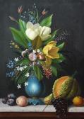 MEUCCI Michelangelo Still Life Of Flowers In A Vase And Fruit On A Marble Ledge MEUCCI Michelangelo Still Life Of Flowers In A Vase And Fruit On A Marble Ledge
