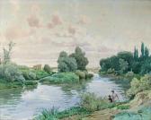 MEUNIER R. V. Couple De Pêcheurs Sur La Seine Prés Du Vieux Pont De Poissy MEUNIER R. V. Couple De Pêcheurs Sur La Seine Prés Du Vieux Pont De Poissy