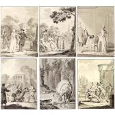 MEURS van Jacobus Six Designs For Book Illustrations: A) A Burial; B) Six Ladies In A Landscape; C) A Lady And Gentleman In An Interior; D) Traders Loading A Camel; E) Encounter Between An Elephant And A Beaver; F) A Duel MEURS van Jacobus Six Designs For Book Illustrations: A) A Burial; B) Six Ladies In A Landscape; C) A Lady And Gentleman In An Interior; D) Traders Loading A Camel; E) Encounter Between An Elephant And A Beaver; F) A Duel