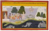 MEWAR SCHOOL An Illustration From A Ramayana Series: A Rishi Guides Rama And Lakshmana To Elephants And Deer MEWAR SCHOOL An Illustration From A Ramayana Series: A Rishi Guides Rama And Lakshmana To Elephants And Deer