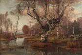 MICHEL P. Frauen In Herbstlicher Landschaft Zwei Holzsammlerinnen Unter Knorrigem Entlaubten Baum Am Seeufer MICHEL P. Frauen In Herbstlicher Landschaft Zwei Holzsammlerinnen Unter Knorrigem Entlaubten Baum Am Seeufer