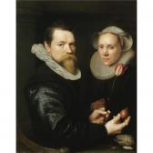 MIEREVELT van Michiel Jansz. A Double Portrait Of A Husband And Wife, Both Half-length, He Holding A Tulip And A Bulb, A Selection Of Shells On The Shelf Below MIEREVELT van Michiel Jansz. A Double Portrait Of A Husband And Wife, Both Half-length, He Holding A Tulip And A Bulb, A Selection Of Shells On The Shelf Below